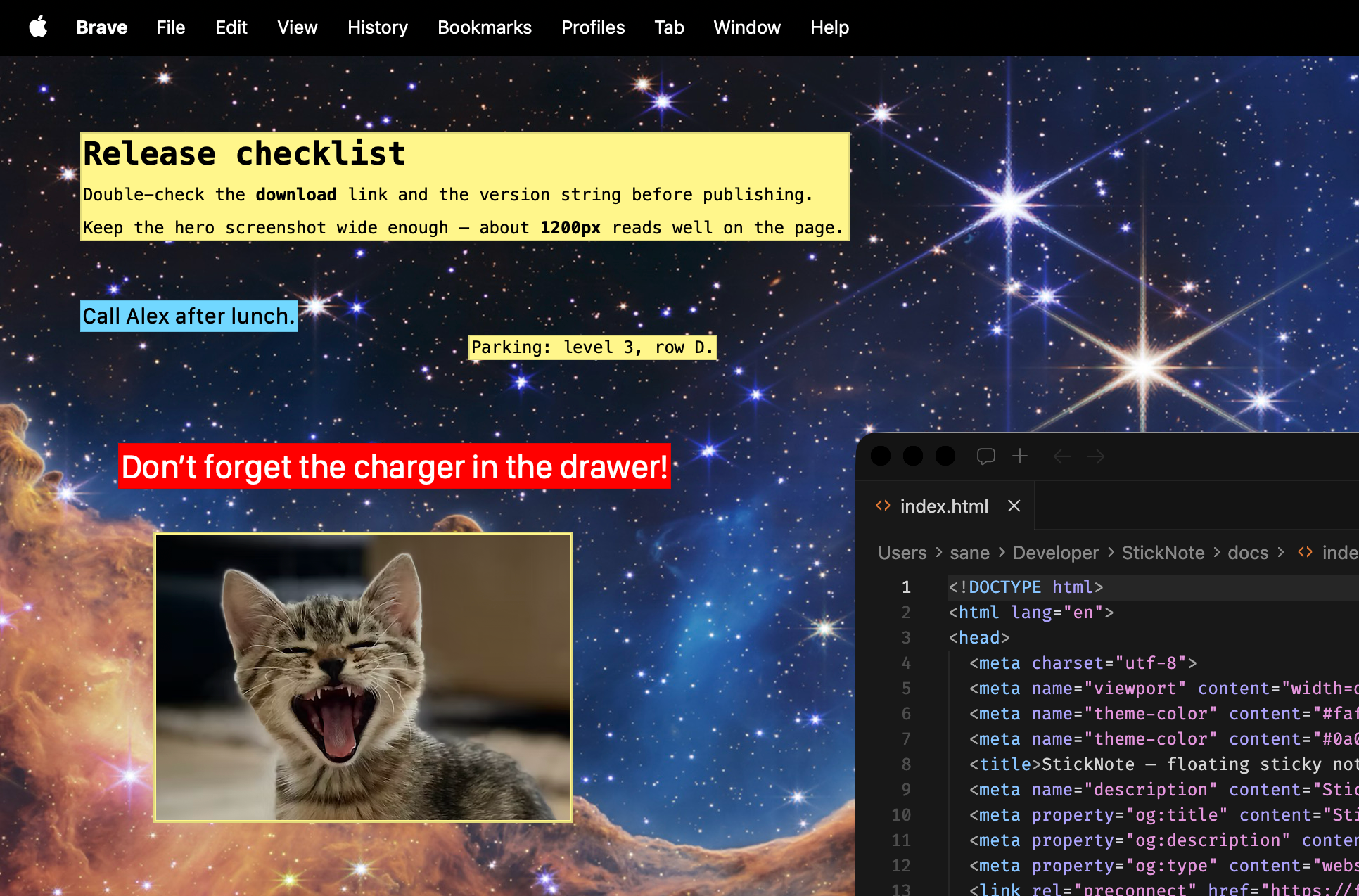 Several floating sticky notes showing simple text, Markdown, layouts, and an image pasted from the clipboard